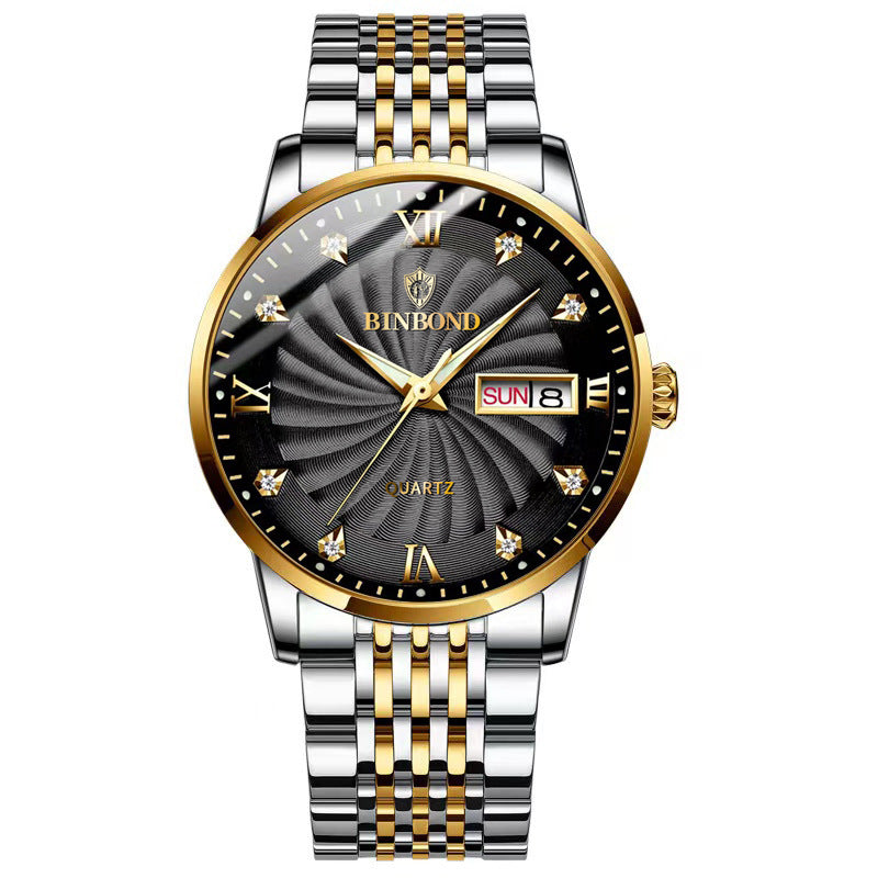 Fashion Quartz Montres en acier Ceinture Double Calendrier Montres Homme Imperméable