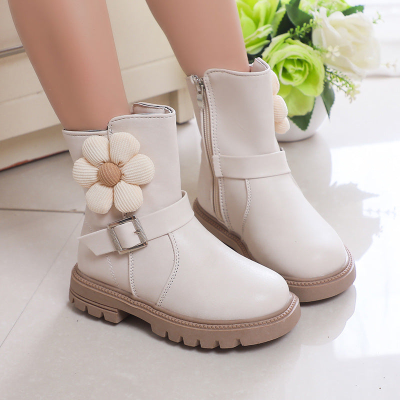 British Style Soft Bottom Western Style Fleurs Bottes en cuir de filles