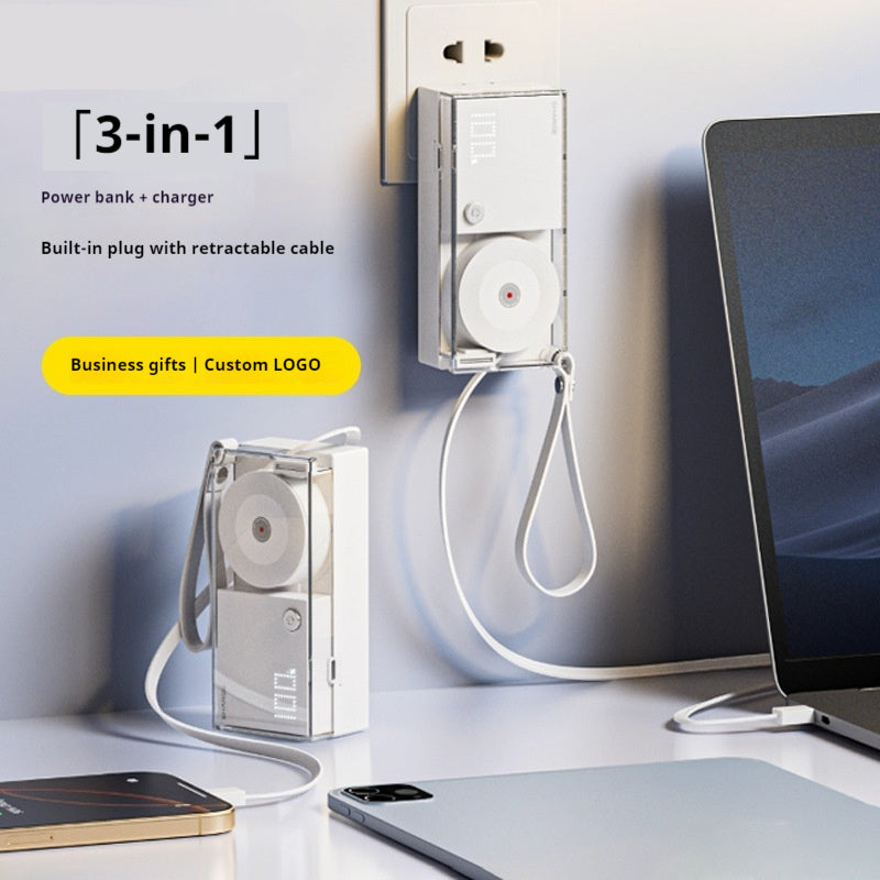 Banque de puissance 3-en-1 avec prise de charge 30W intégrée et câble rétractable pour recharge rapide