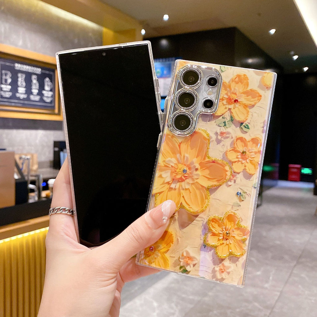 Peinture à l'huile de strass de luxe Flower Phone Case Lens Fine Hole Tout Inclus
