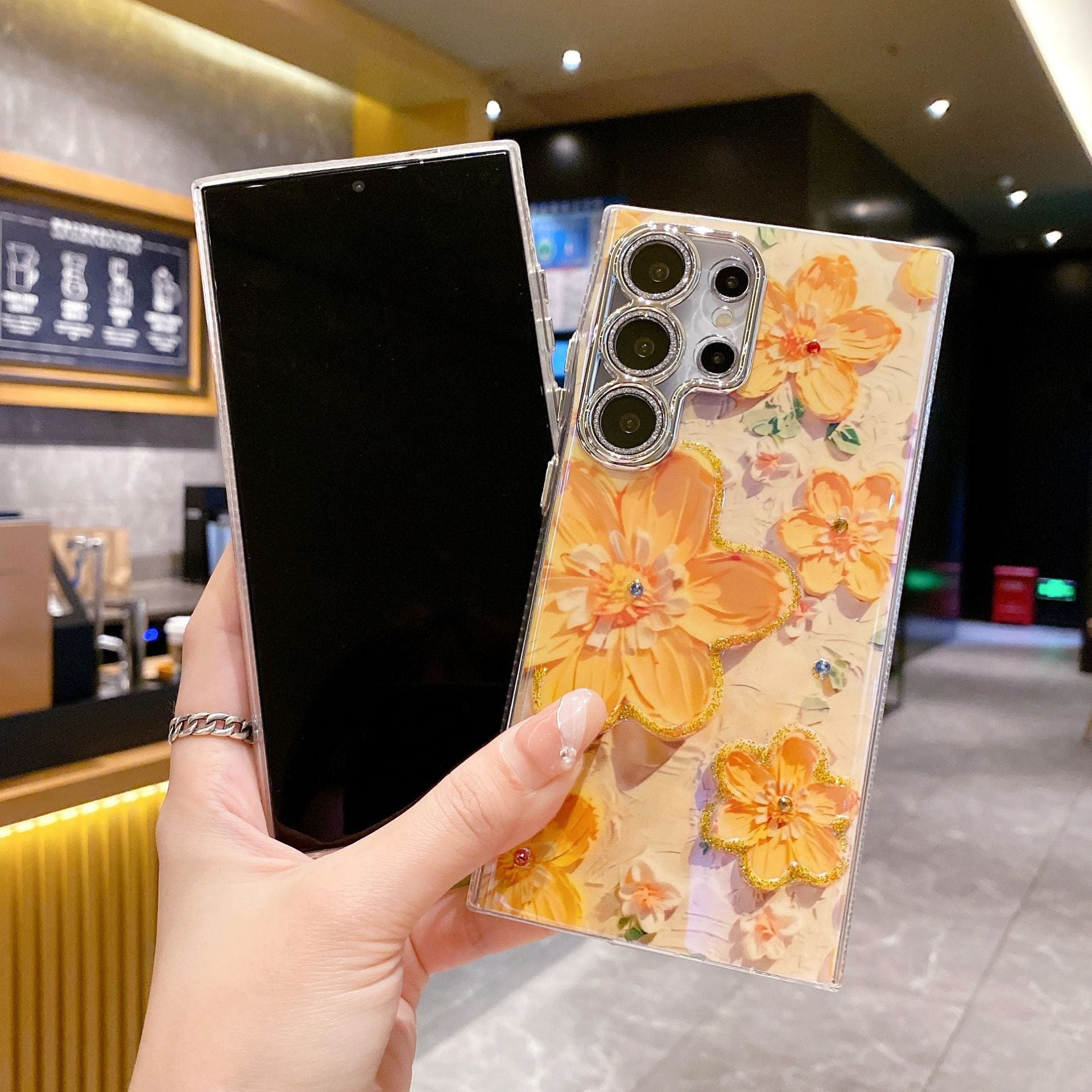 Peinture à l'huile de strass de luxe Flower Phone Case Lens Fine Hole Tout Inclus