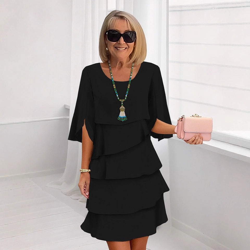 Printemps Été Mode Solide Couleur Col rond Robe éclaboussée à plusieurs niveaux pour les femmes