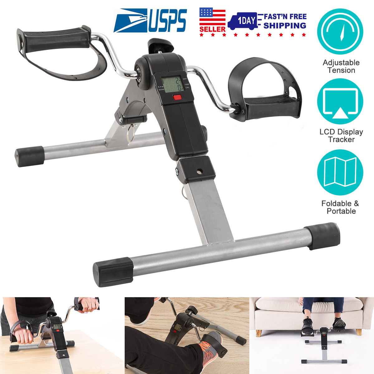 1Pc Foldable Exercise Bike Pedal Fitness Exercise Cycle Bicycle LCD Display Mini Pedal Exerciser