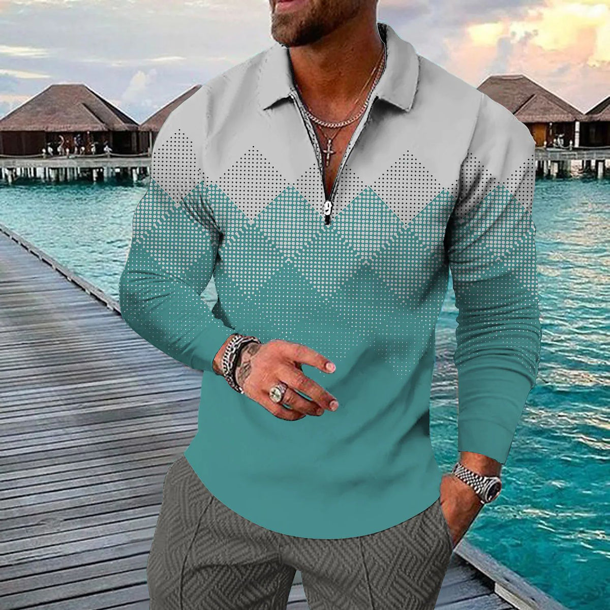 T-shirt à fermeture éclair 3D géométrique à manches longues
