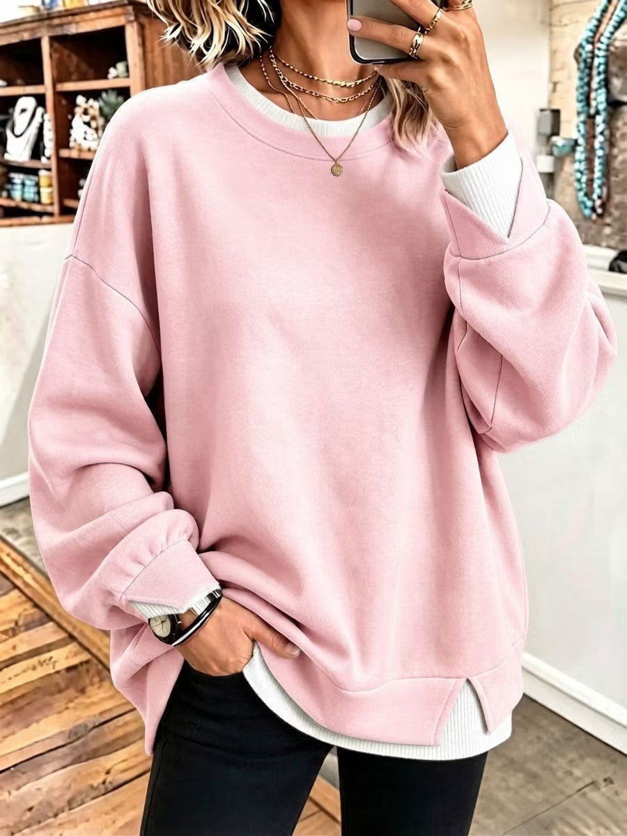 Col rond Patchwork à manches longues Pullover Sweatshirt de couleur unie