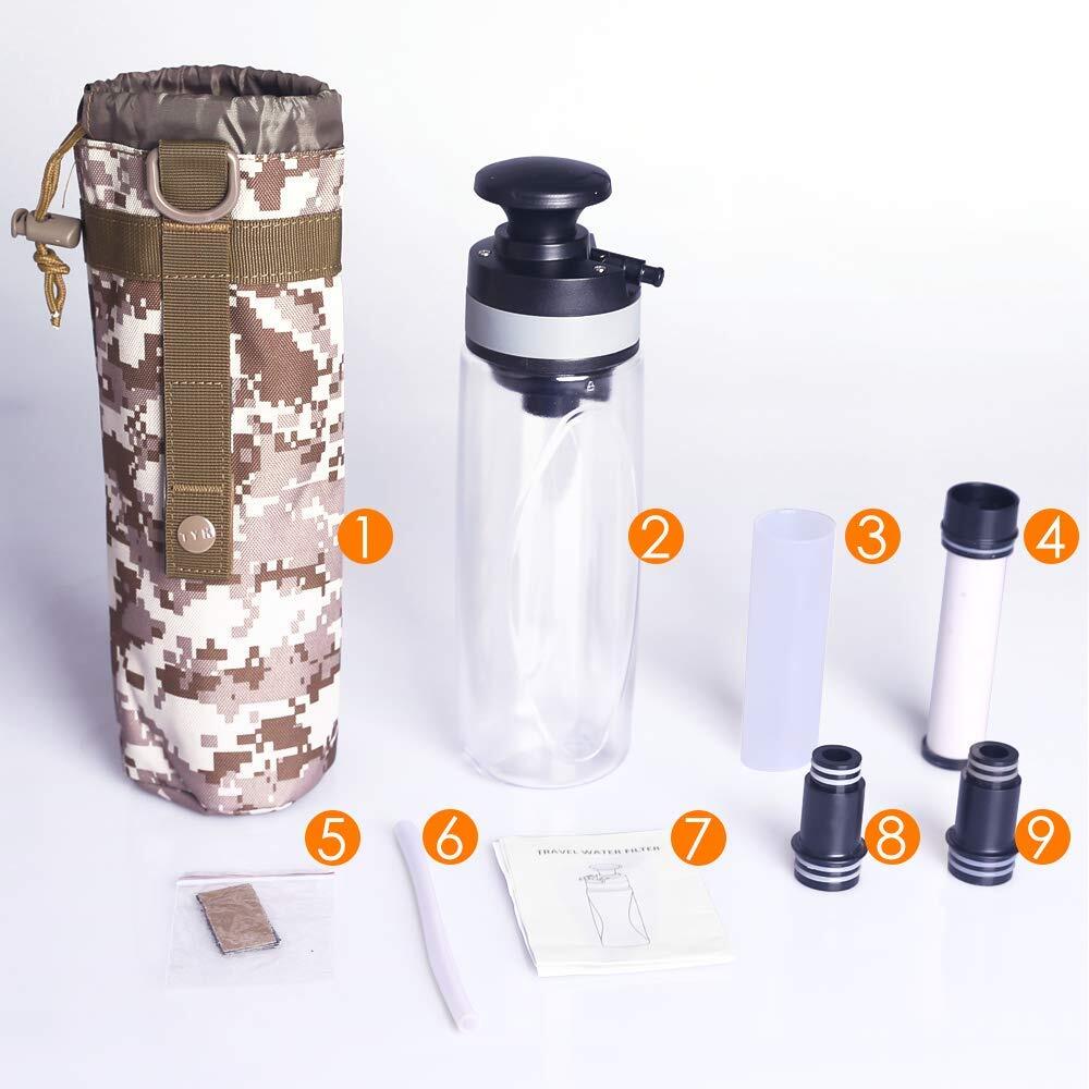 Bouteille d'eau filtrée de 26 oz de 750ml avec paille de filtre pour camping en plein air