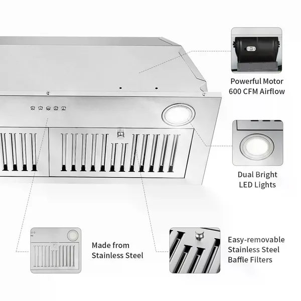 30" Insert intégré gamme Hood 600CFM Évent de cuisine LEDs Convertible Fan Sliver