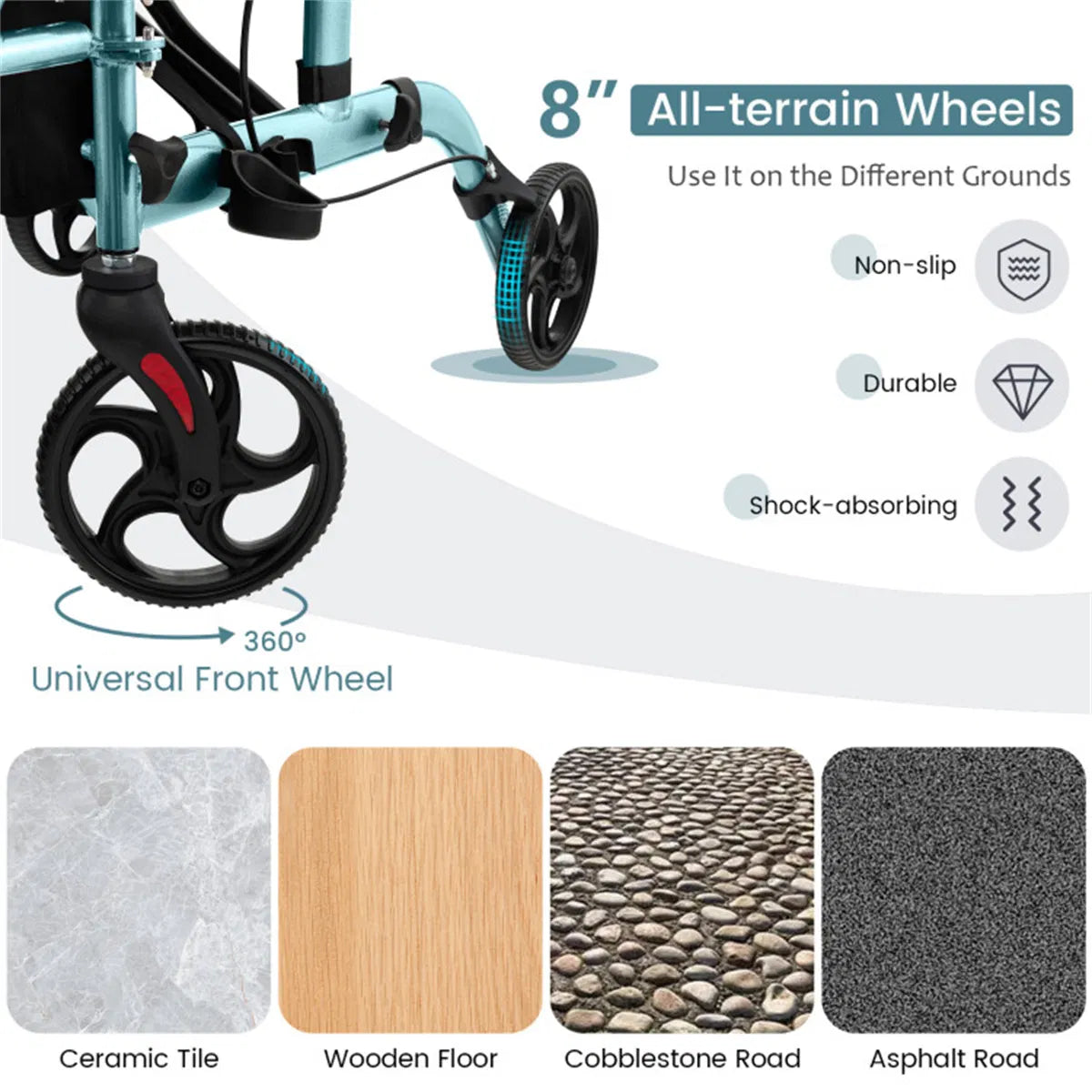2-en-1 Walker roulant et fauteuil roulant (300lbs): poignées réglables à 6 niveaux