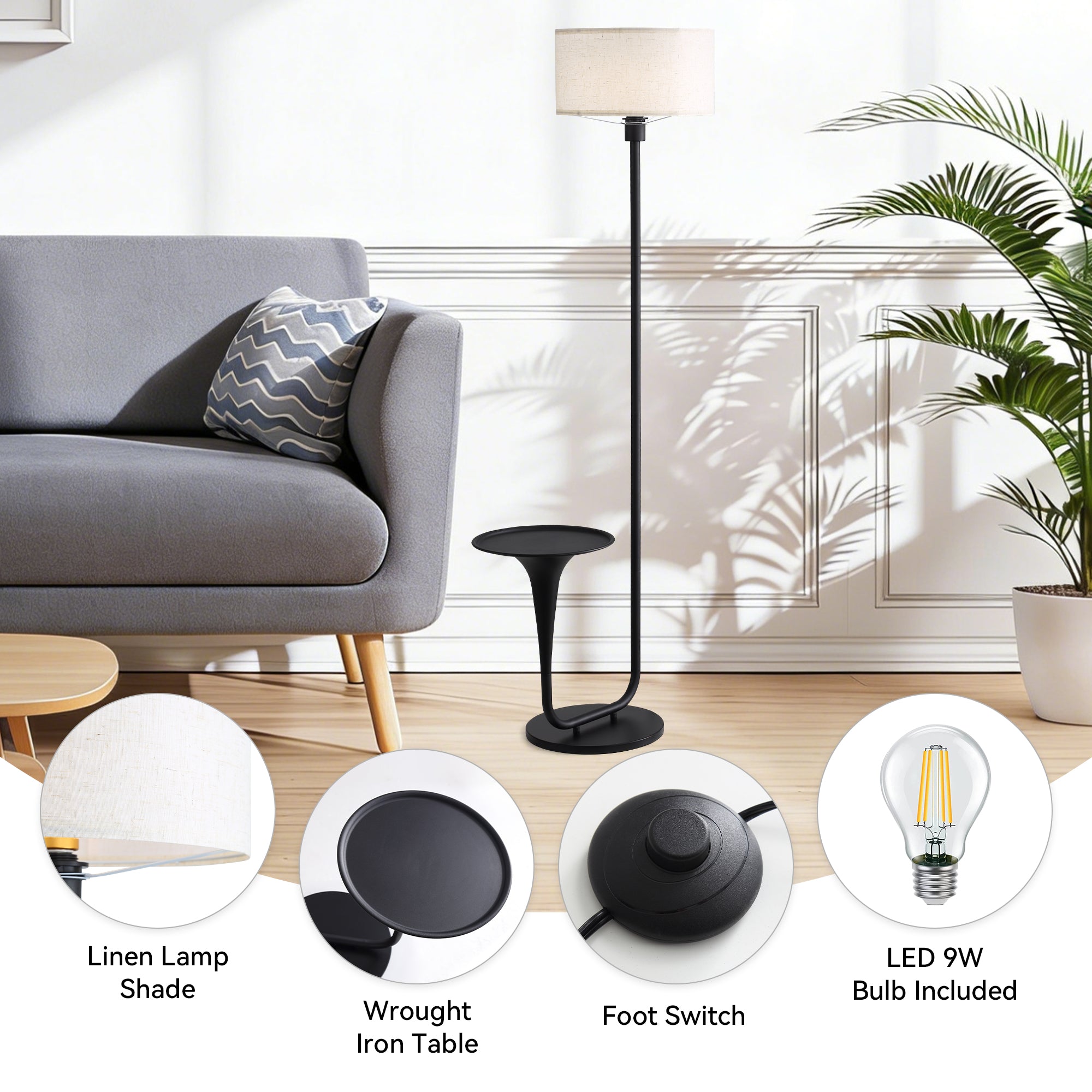 146cm 57.5 pouces Lampe de plancher dimmable avec table