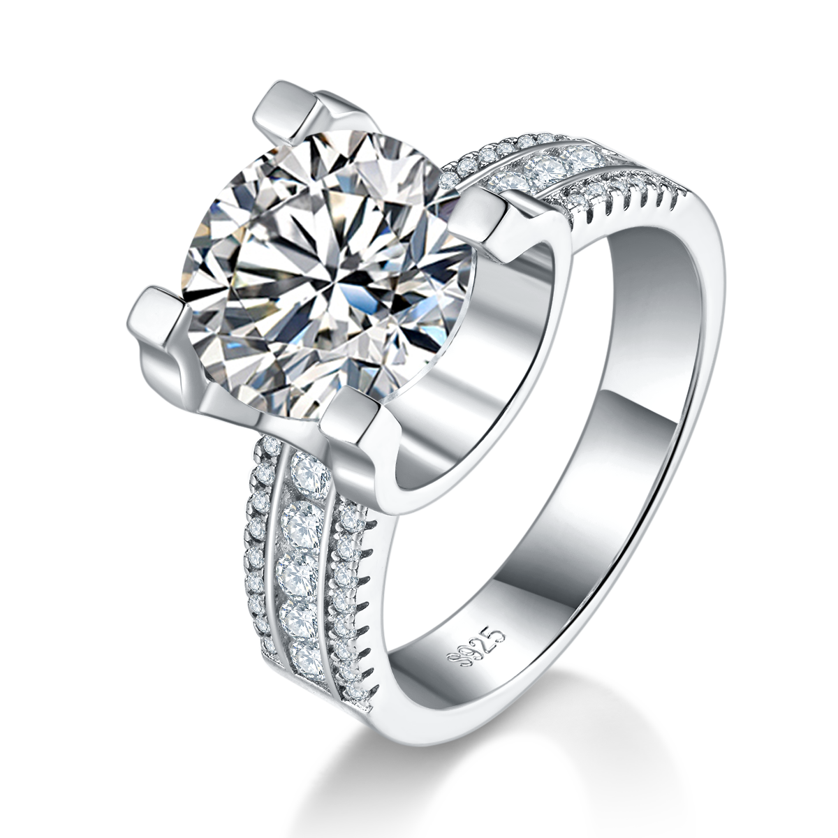 S925 Sterling Silver 5ct Moissanite Ring, 11mm D-VVS1 Wide Band, Platinum Plated 7.7g US Sizes 5-9 GRA Gift Box
