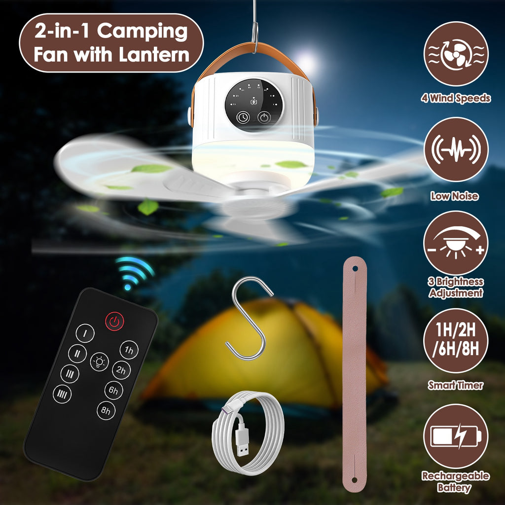 Ventilateur de plafond de tente 1Pc avec lampe 7200mah Batterie rechargeable Eventail suspendu W