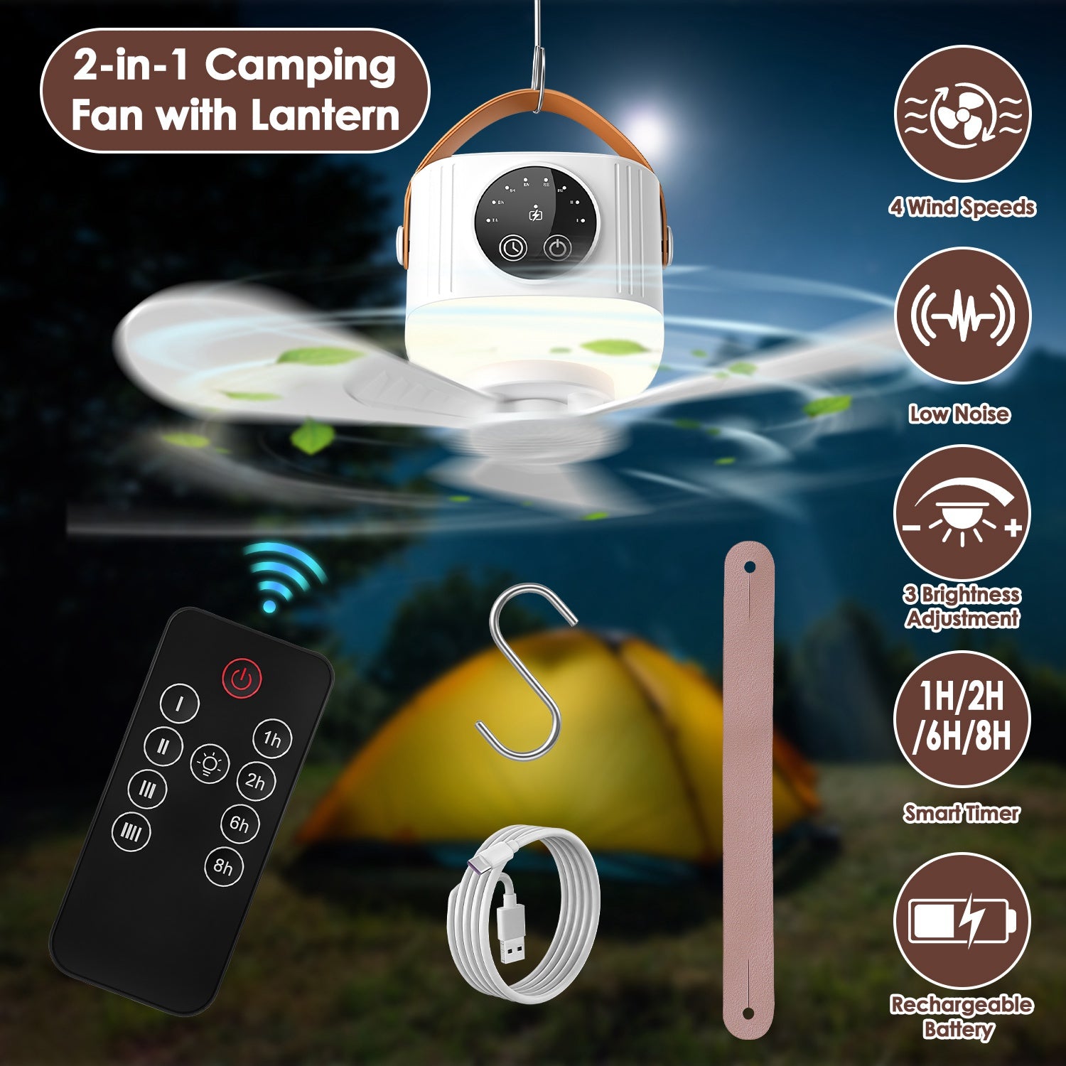 Ventilateur de plafond de tente 1Pc avec lampe 7200mah Batterie rechargeable Eventail suspendu W