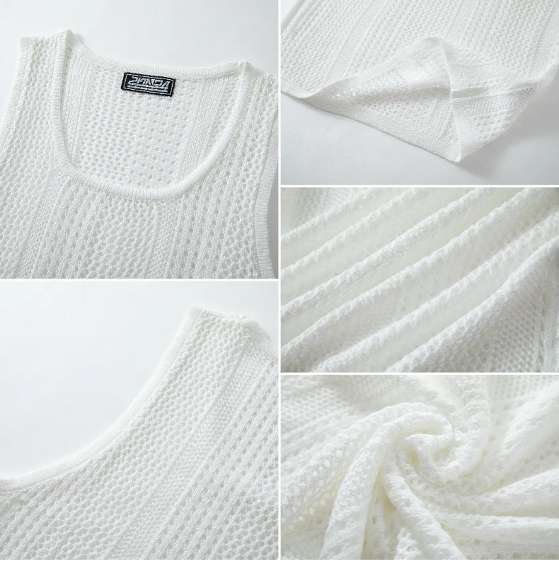 Été hommes sans manches Knit Hollow-out Deep U-Neck Casual Tank Top