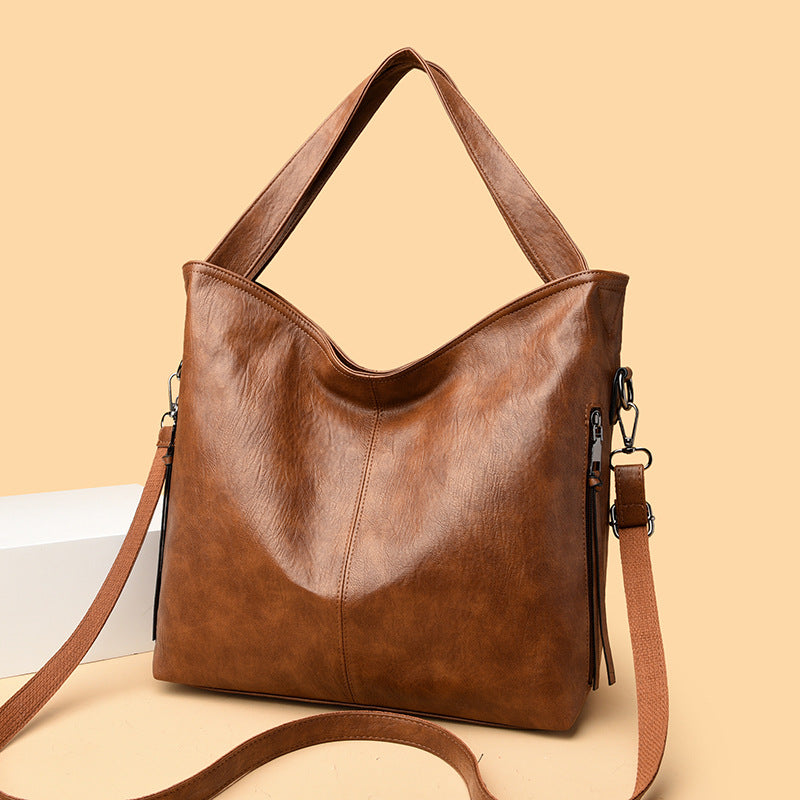 Sac à bandoulière en cuir souple de grande capacité pour femmes de couleur solide