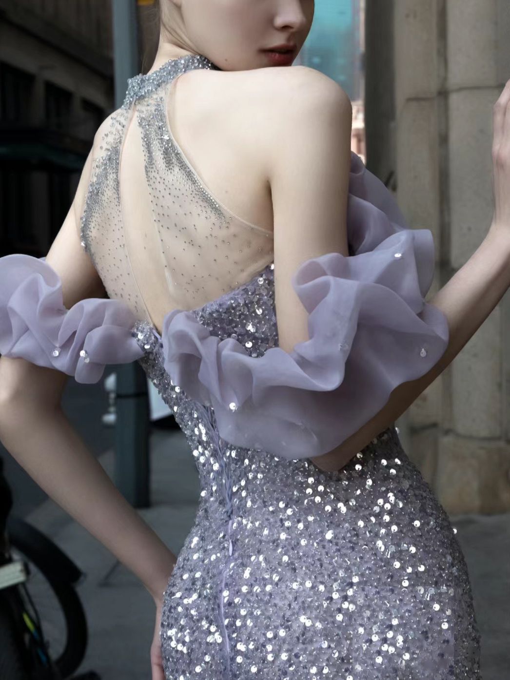 Violet Hôte Starry Sky Réunion annuelle Robe de Toast Perlé Halter Modèle Catwalk Fishtail