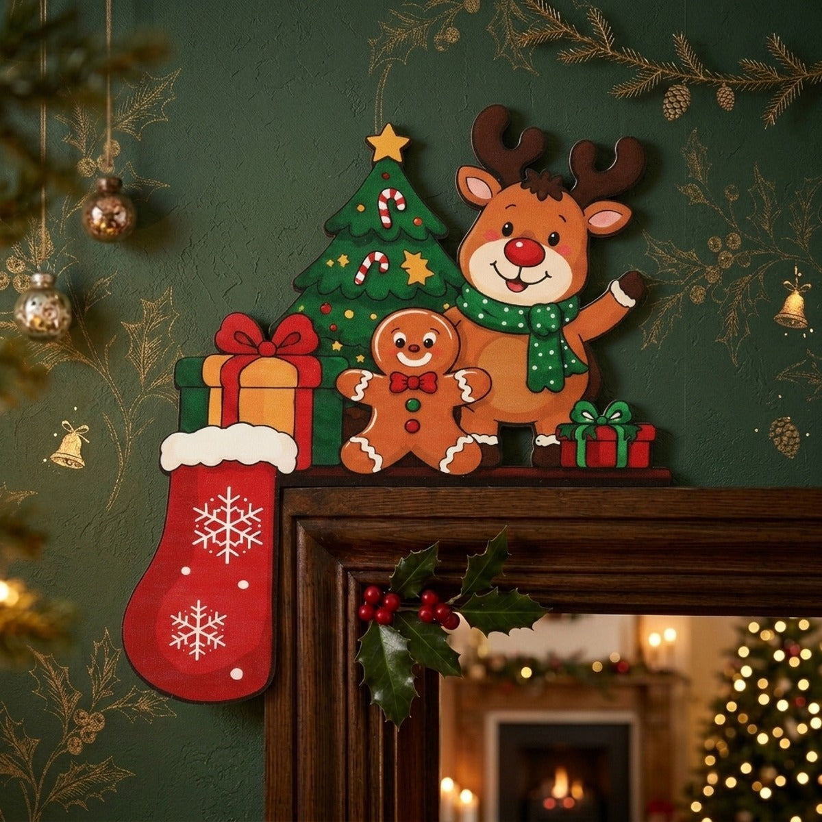 Ornement décoratif cadre de porte en bois de Noël