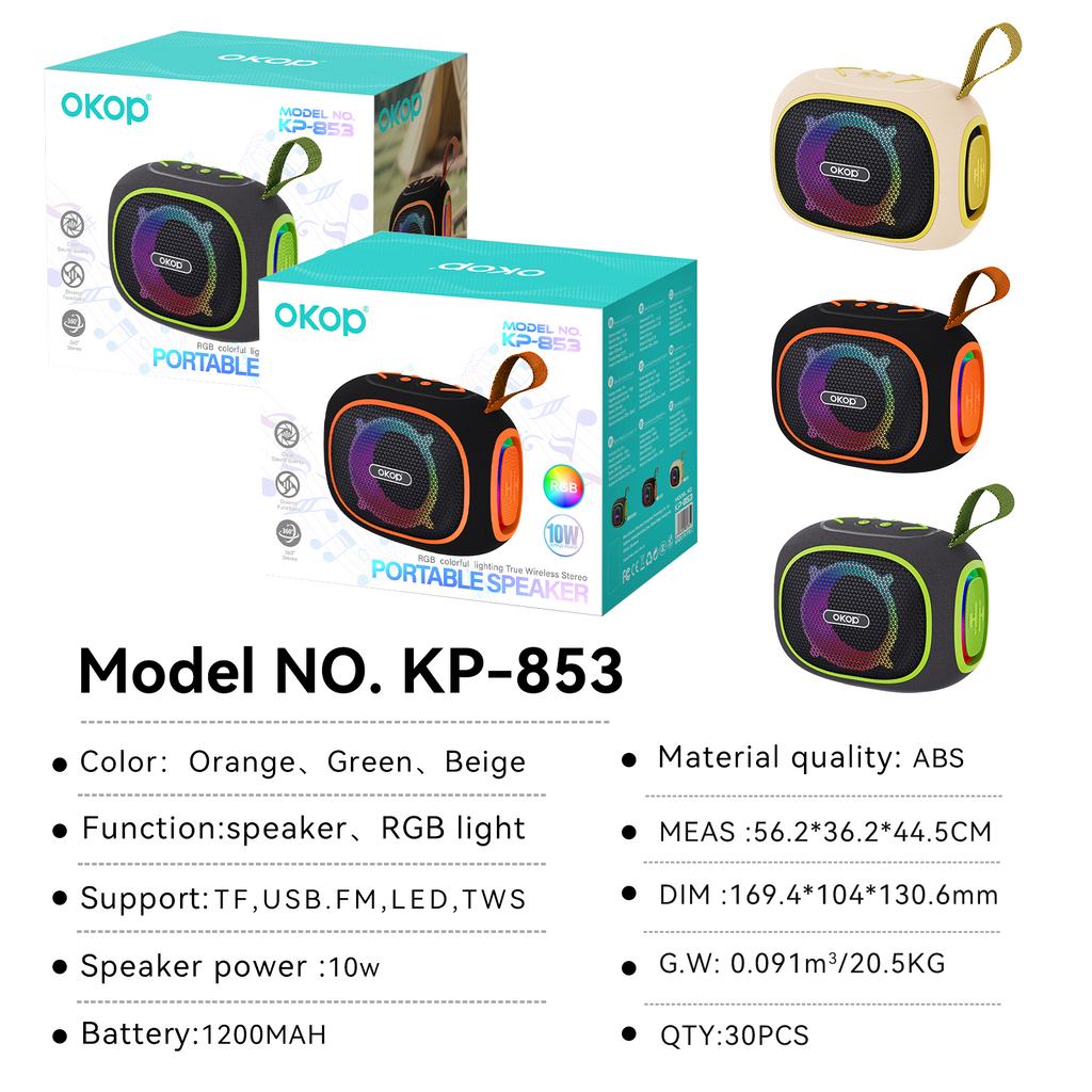 KP-853 Haut-parleur Bluetooth sans fil Longue durée de vie de la batterie Poignée portable Éclairage RGB En stock