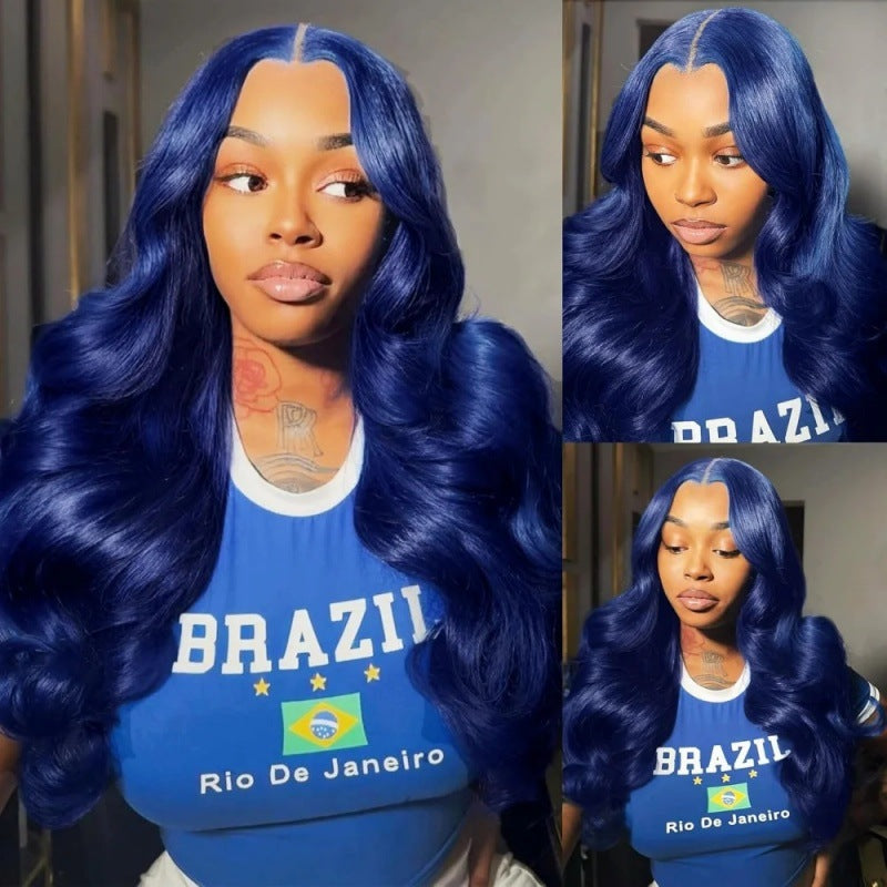 Coiffure mi-longueur femme bleu foncé Big Wavy cheveux bouclés couverture de cheveux devant dentelle