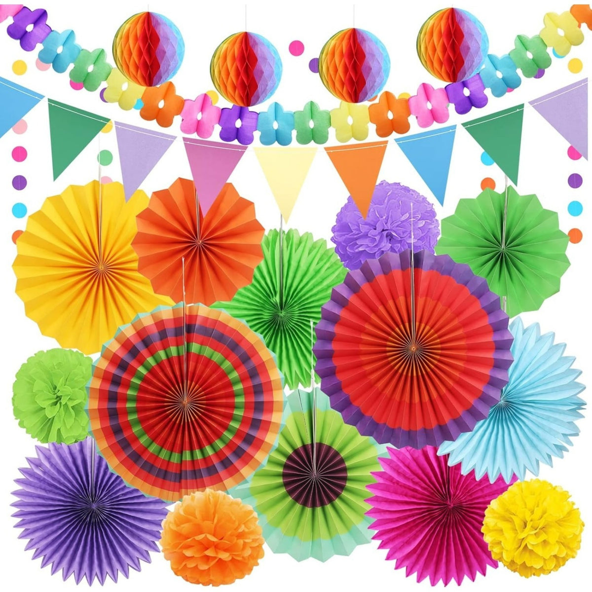 Set de 21 pièces de décorations Diwali: papier tissu multicolore Pom-Pom