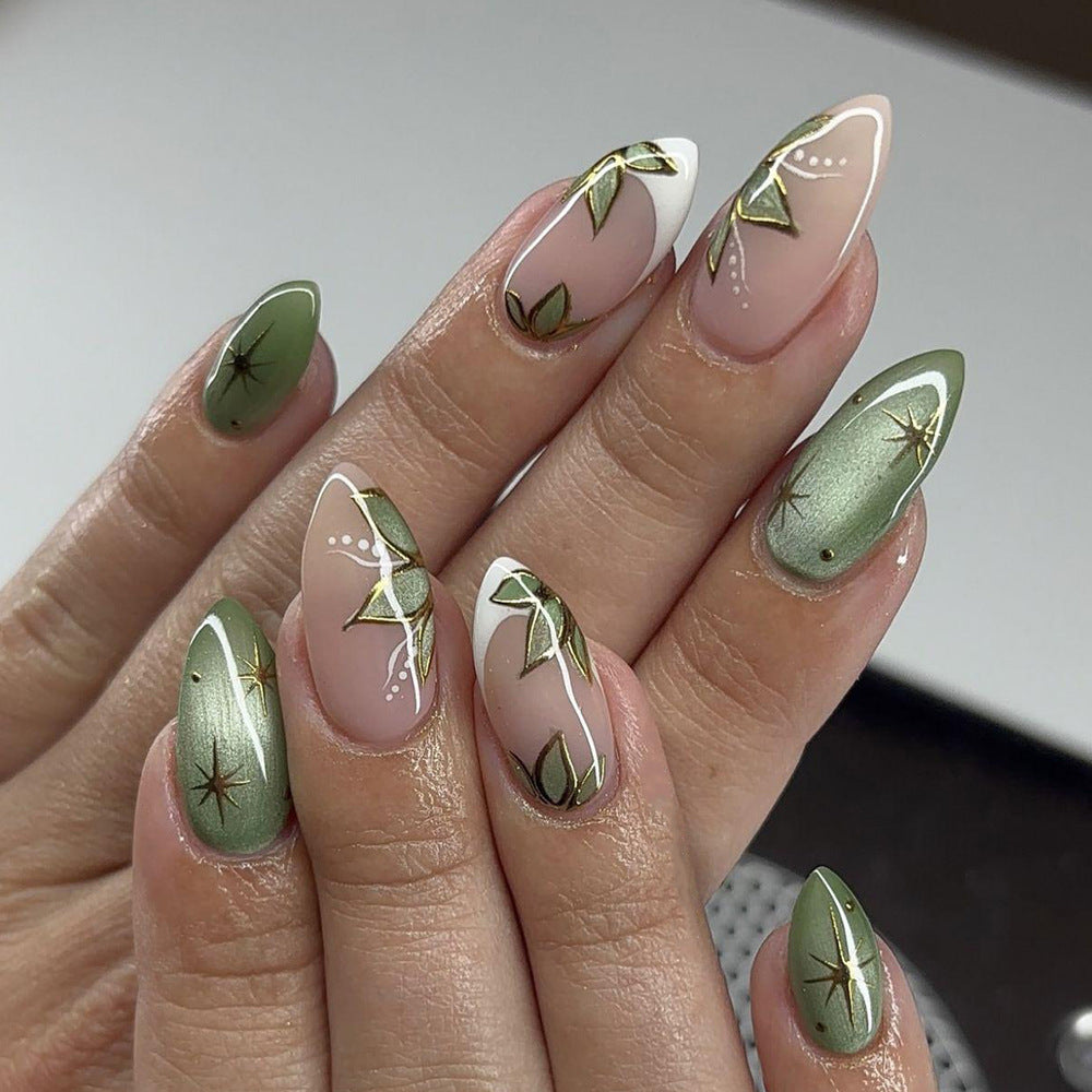Short 24-pièces en forme d'amande Nail White Edge Faux Nails de style français avec oeil de chat