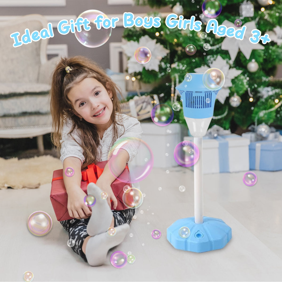 1Pc 3-in-1 Standing Bubble Machine with Colorful Lights and Music, Rechargeable Bubble Maker