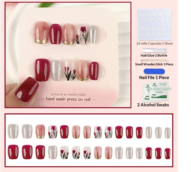 Nails à faux carrés courts de 30 pièces dans le vin rouge Tulip serti d'or