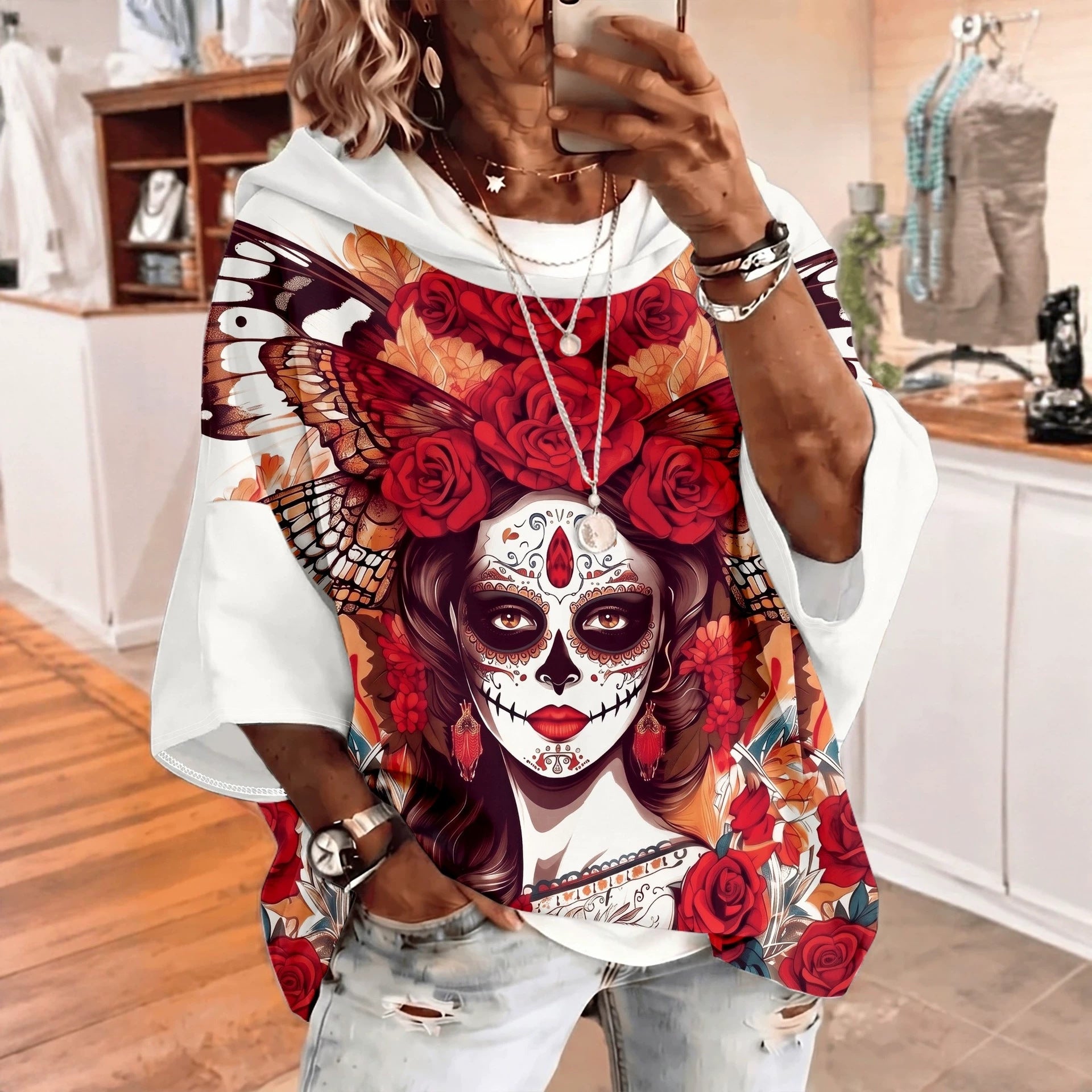 Hoodie imprimée pour femmes avec cordon de serrage et manches trois-quarters