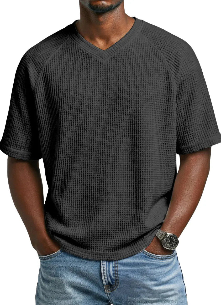 Hommes S Mode Waffle tricot côtelé manches V cou manches courtes T-shirt pour le transport quotidien