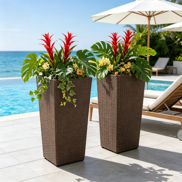 Ensemble de 2 plants de rotin avec pots intérieurs amovibles