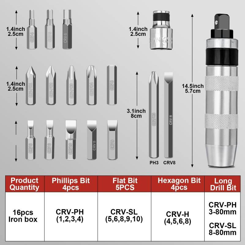 Kit de pilote à 16 pièces avec vis en acier Cr-V Impact G