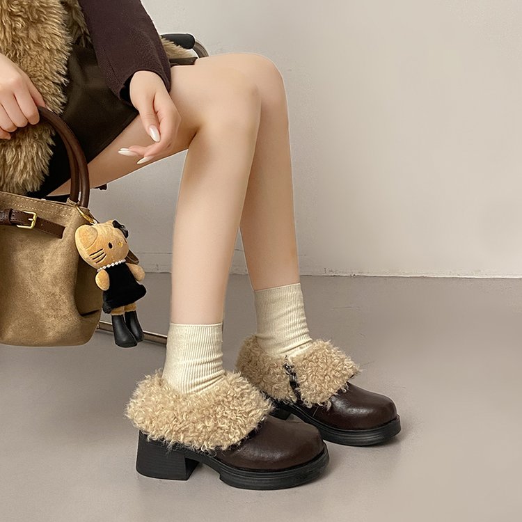 AW Femmes Chunky Heel Mary Jane Flats Warm Plush Lining