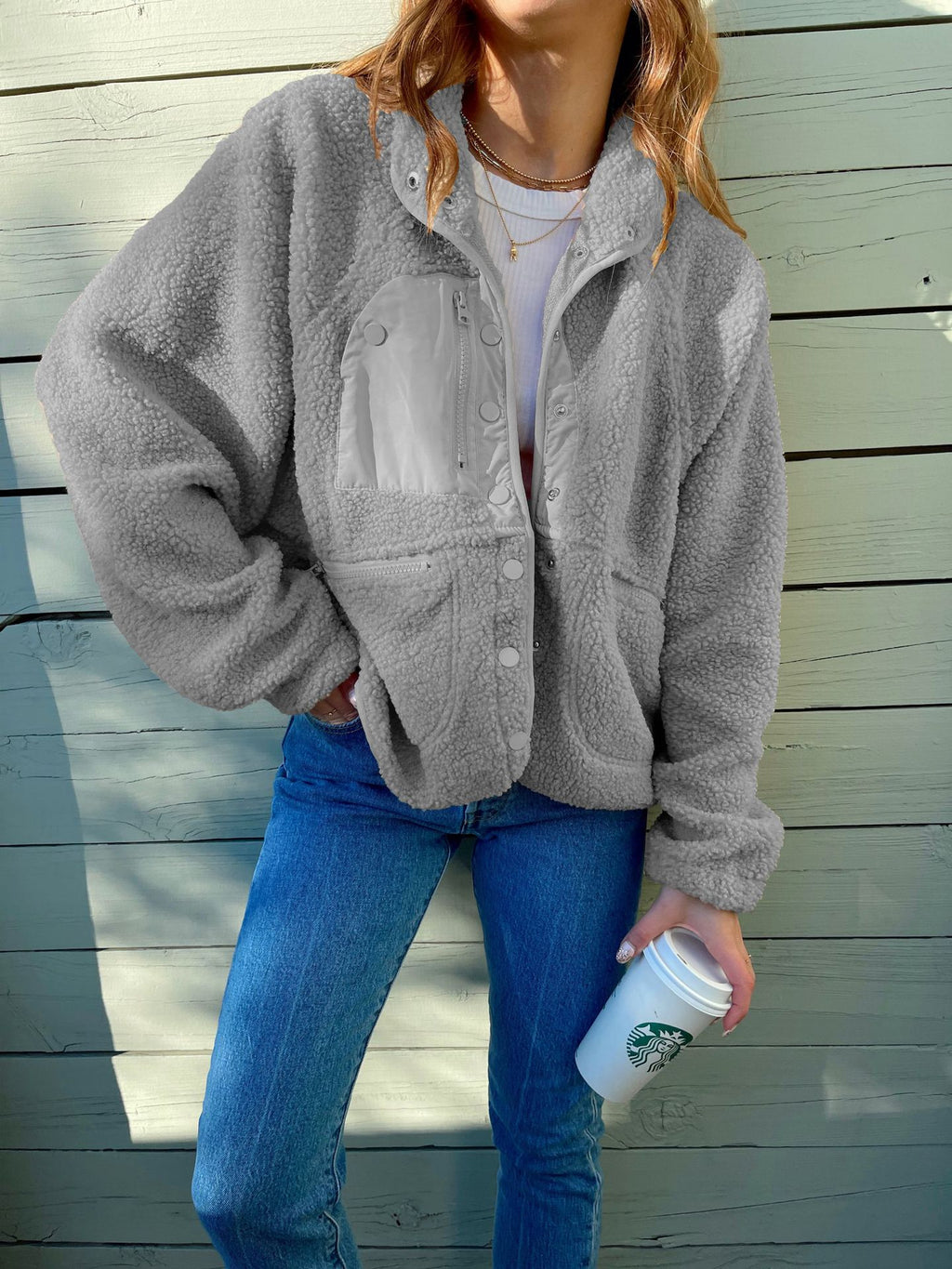 Veste en peluche cardigan courte Laine d'agneau