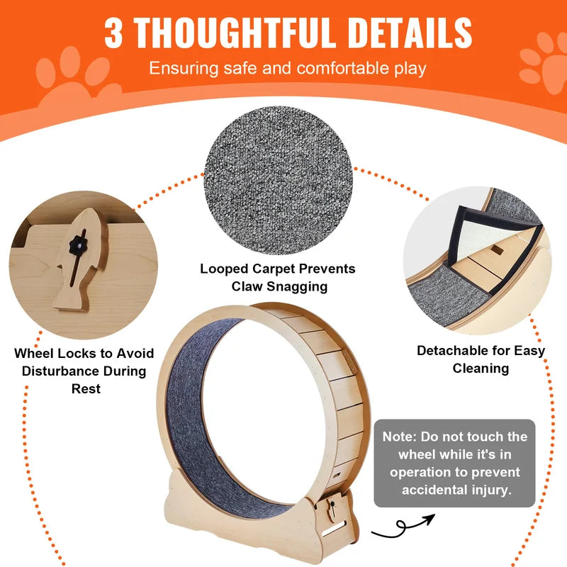 Roue d'exercice de chat en bois Grande roue tapis de chat pour roues de course de chat intérieur avec Deta
