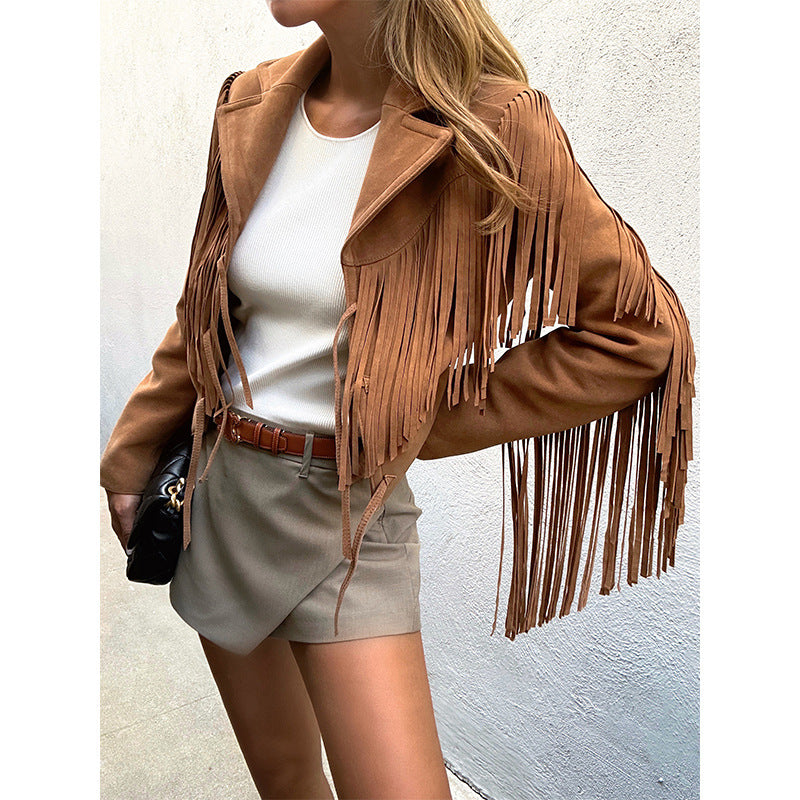 Veste de moto courte en cuir véritable Suede Lapel Tassel