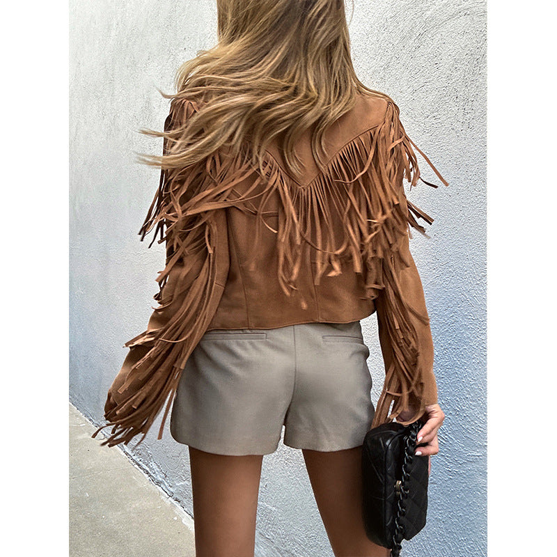 Veste de moto courte en cuir véritable Suede Lapel Tassel
