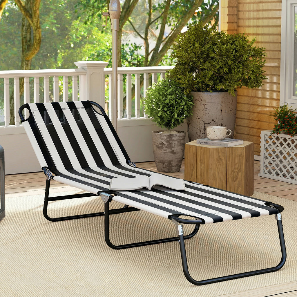 Foldable Adjustable Portable Sun Beach Lounger / Camping Cot - Black and White