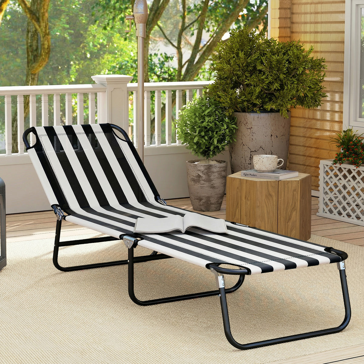 Foldable Adjustable Portable Sun Beach Lounger / Camping Cot - Black and White