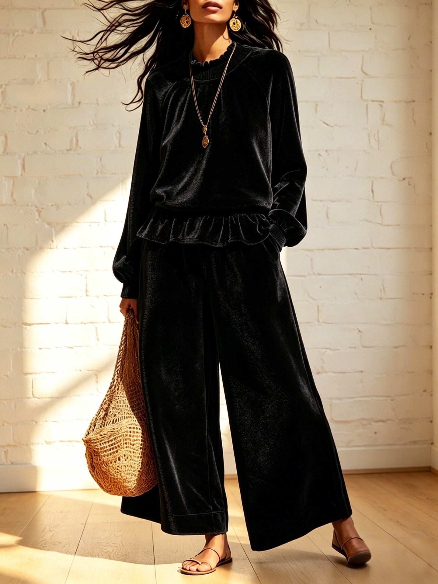 Fashionable femmes Casual Top et large-leg Pantalons ensemble