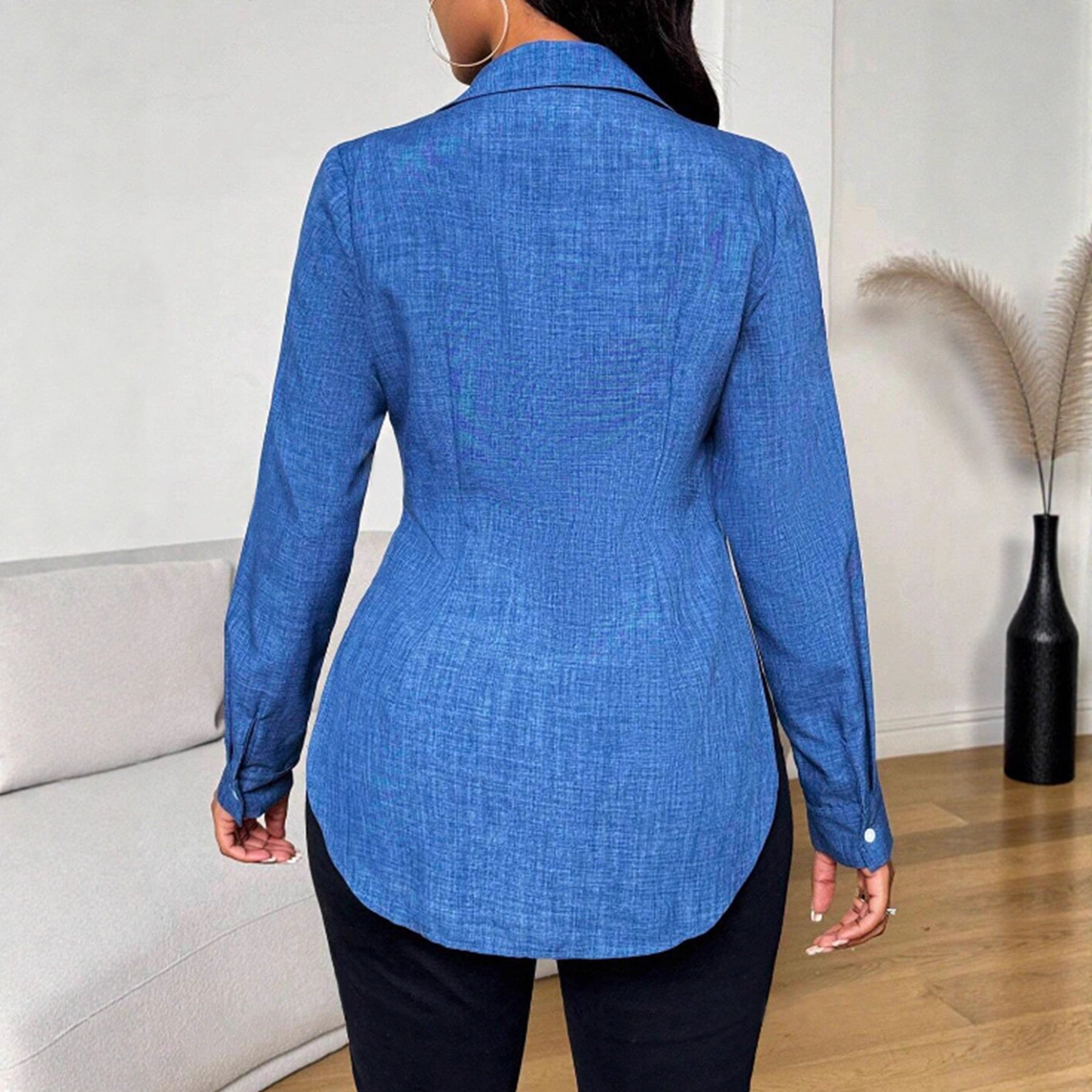 Chemise à manches longues à col Lapel unicolore