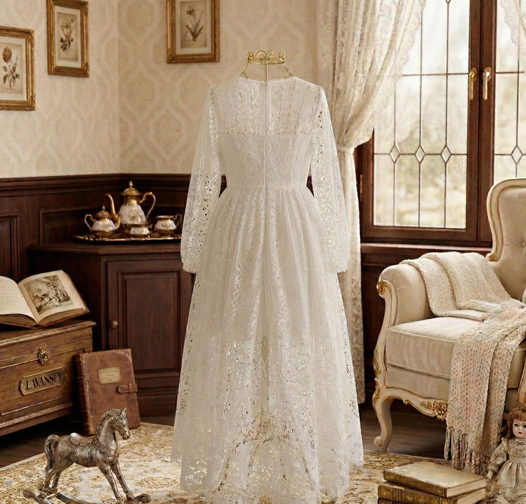 Robe de fée en dentelle blanche vintage pour les filles extra longue jupe 2-4Y