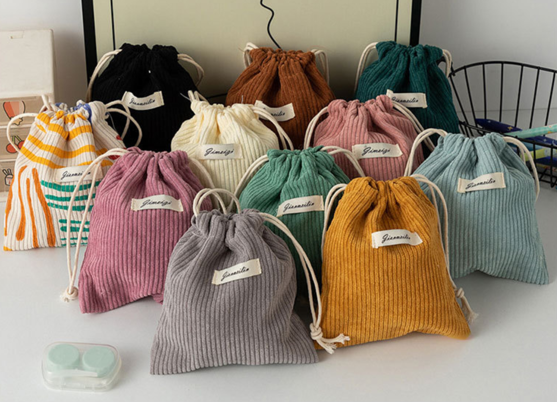 Sac de rangement Corduroy de grande capacité de couleur solide avec fermeture à cordon