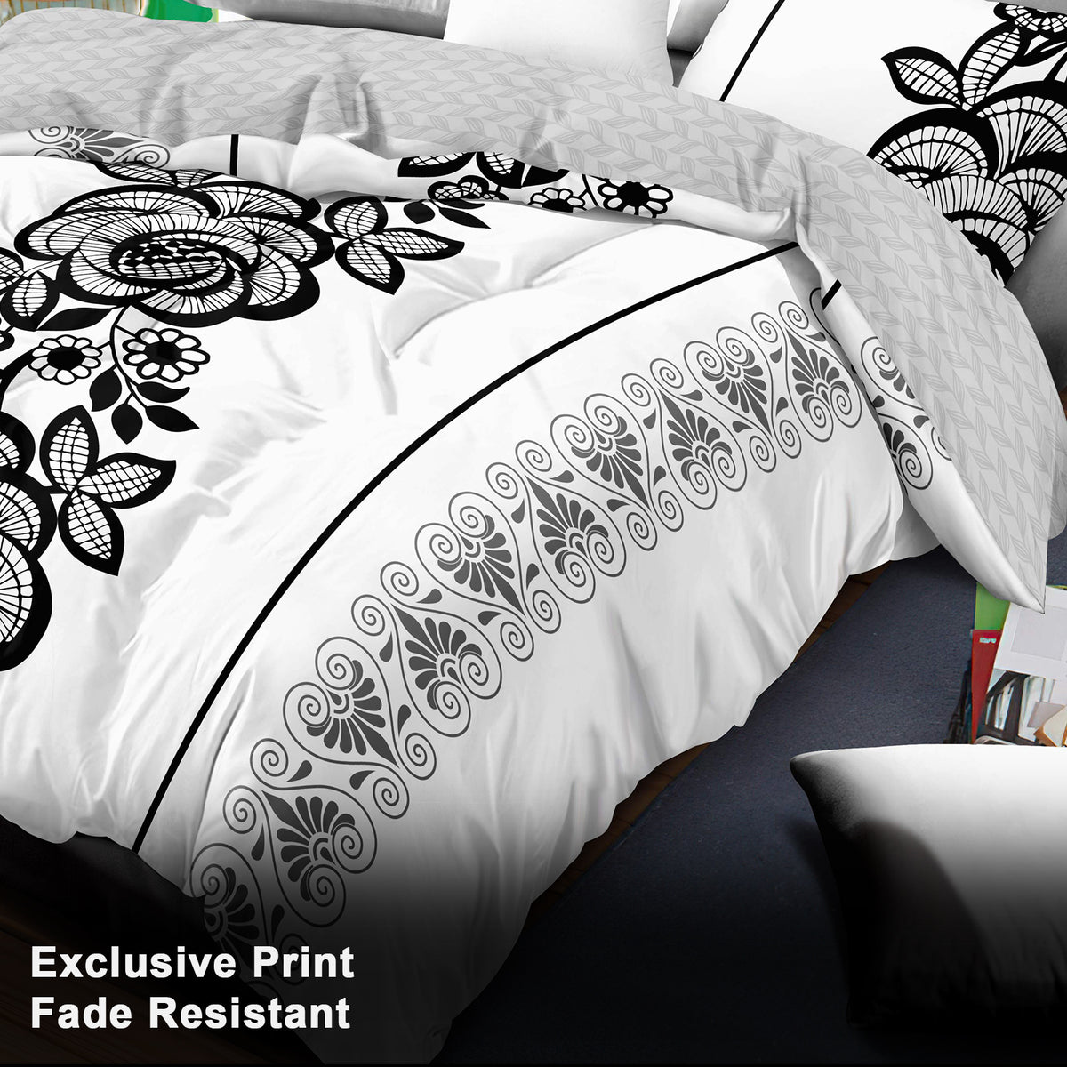 4 pièces noir et blanc Bohème Floral Couvercle de couverture de lit pour la Reine
