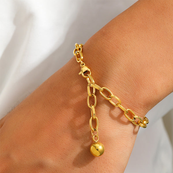 Femmes Paperclip Link Chaîne Bracelet Or Ton Dangling Round Ball Charm Acier inoxydable Lo