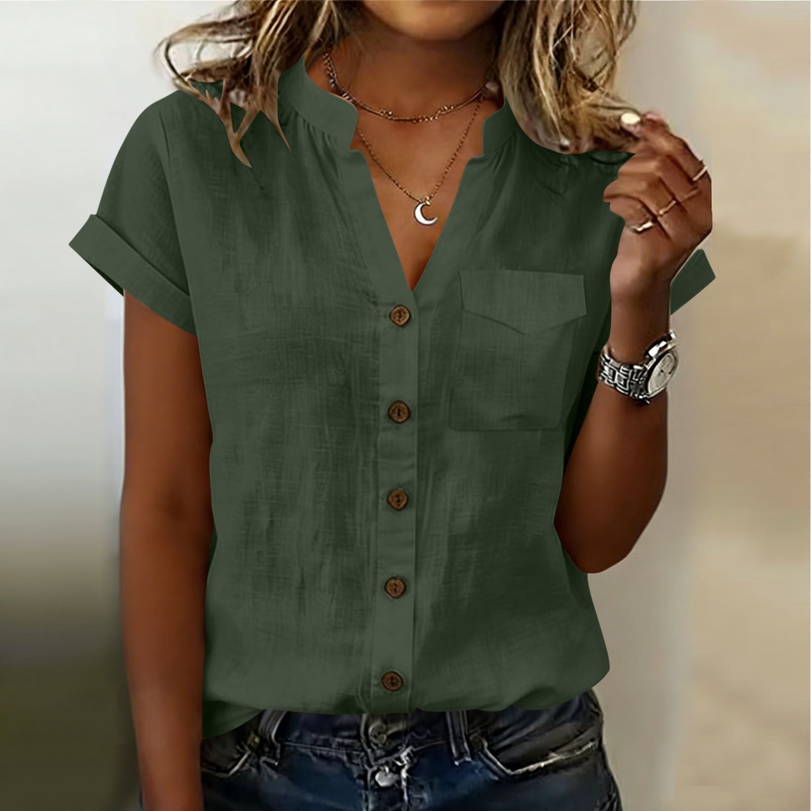 Chemise à manches courtes Elegant Solid Couleur pour femme avec poches