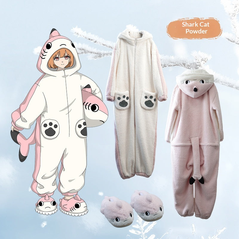 Anime Cartoon Funny Shark et Cat Onesie Pajamas Mignon Cozy Loungewear Set