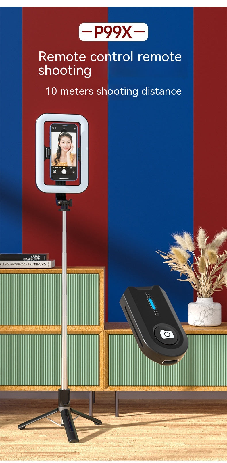 8 pouces Beauty Fill Light Selfie Stick Bluetooth Télécommande Sol extérieur intégré Li