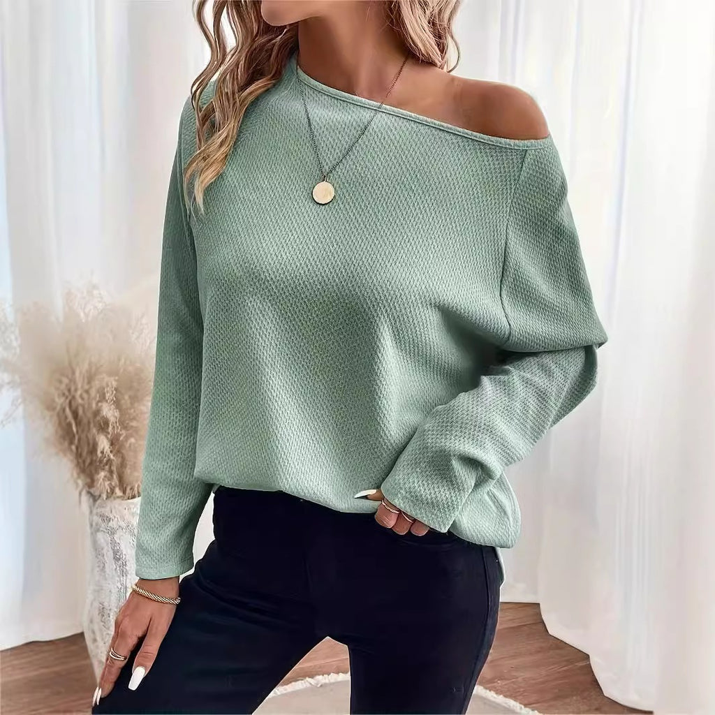 Automne Arrivée Solid Color Waffle-Knit Hors-Sholder Pullover Top pour les vêtements de salon