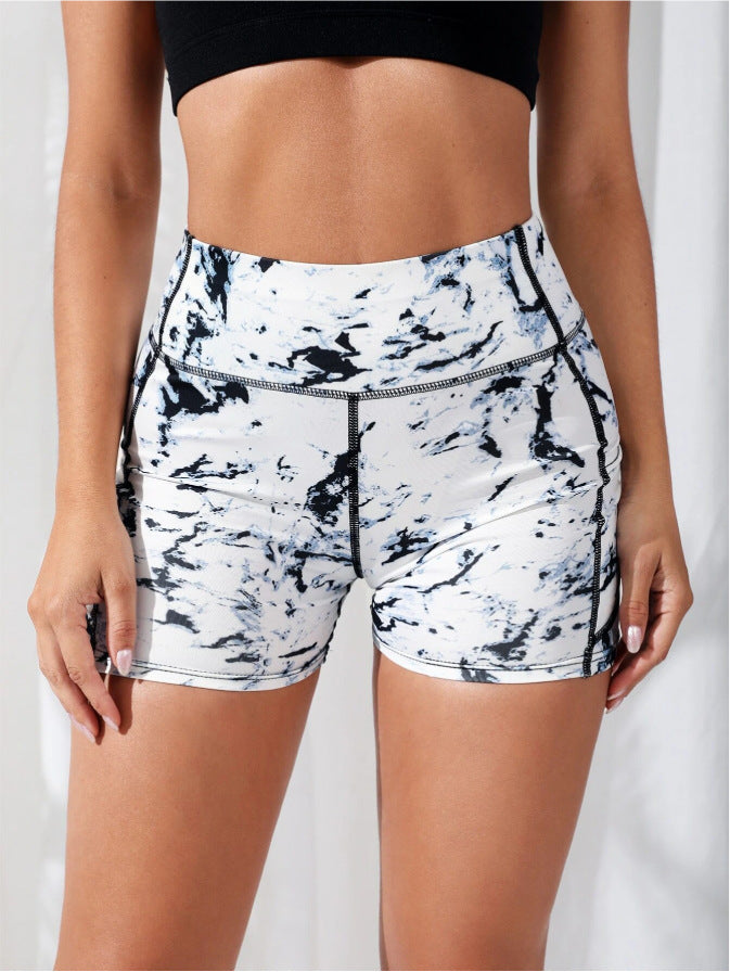 Style européen et américain Marble Print Short de fitness de yoga haute portée avec Tummy Contr