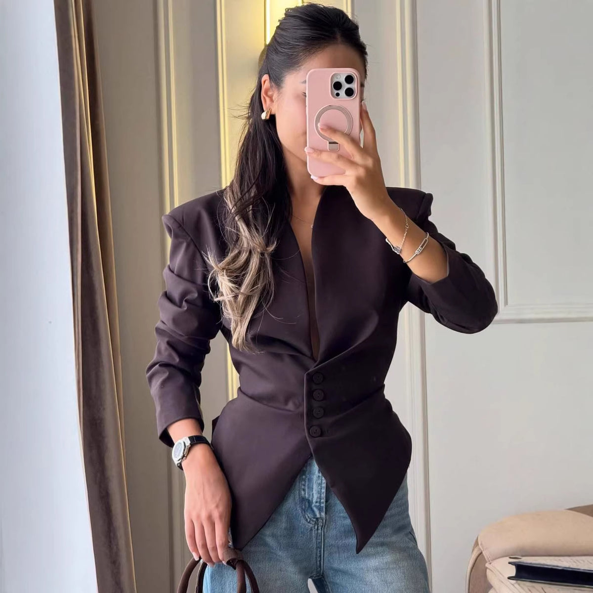 La mode européenne et américaine des femmes Slim-Fit Asymétrique Blazer manches longues élégant et
