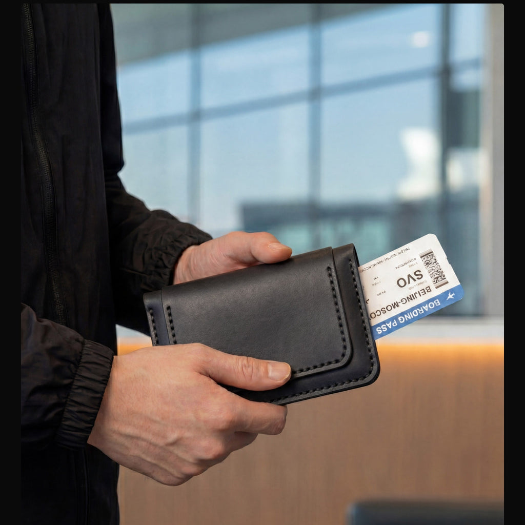 Porte-monnaie pour homme fait main avec des fentes de carte et un détenteur de passeport fait de cowhide à grains supérieurs.